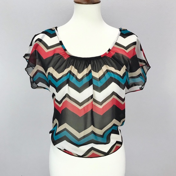A'gaci Teal Zig Zag Chevron Chiffon Tie Back Top - Picture 1 of 14